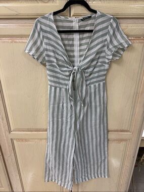 SHEIN Sage and White Striped Tie-Front Jumpsuit